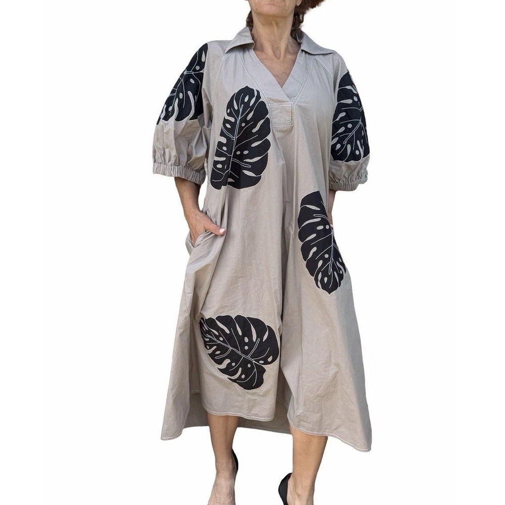 LOVEBIRDS Leaf-Appliqué Cotton Poplin Midi Shirt Dress Artsy Chic Oversized S/M